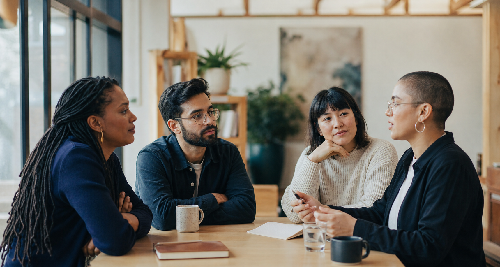 Four colleagues listening closely during a thoughtful workplace conversation